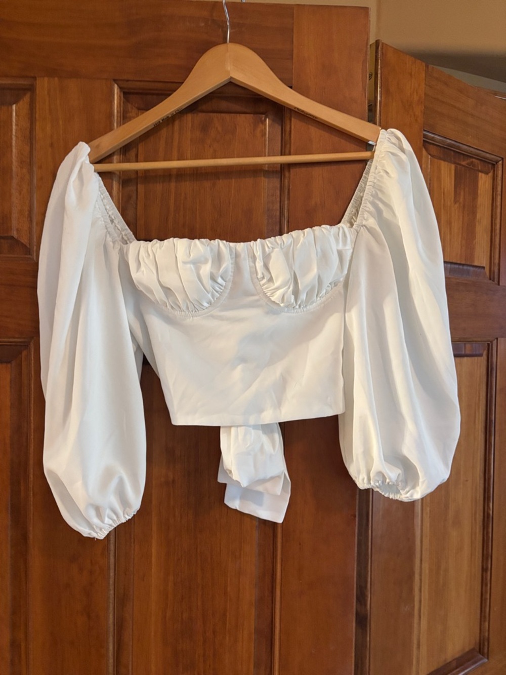 12th Tribe White Off-Shoulder Puff Sleeve Tie-Back Crop Top